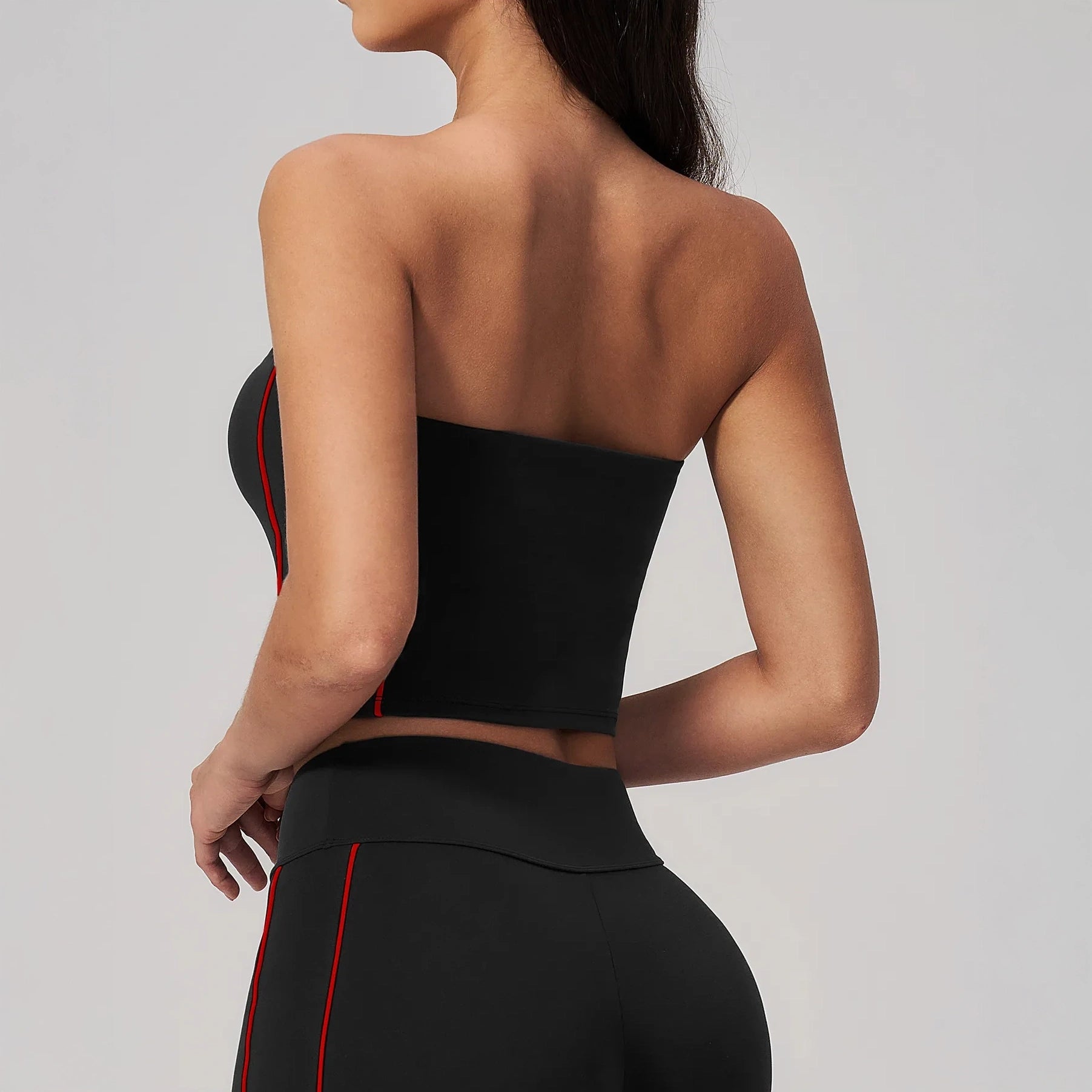 Contrast Strapless Bandeau Sports Bra - Black / Red - black red back closeup