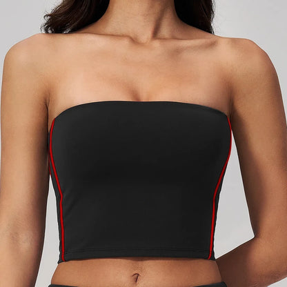 Contrast Strapless Bandeau Sports Bra - Black / Red - black red front closeup