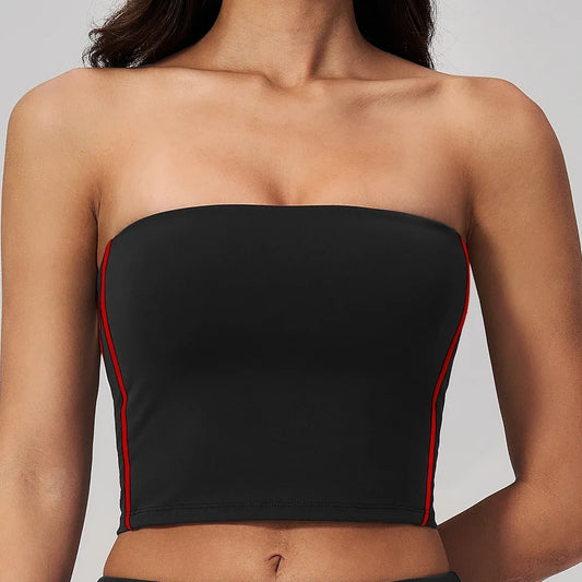 Contrast Strapless Bandeau Sports Bra - Black / Red - black red front closeup