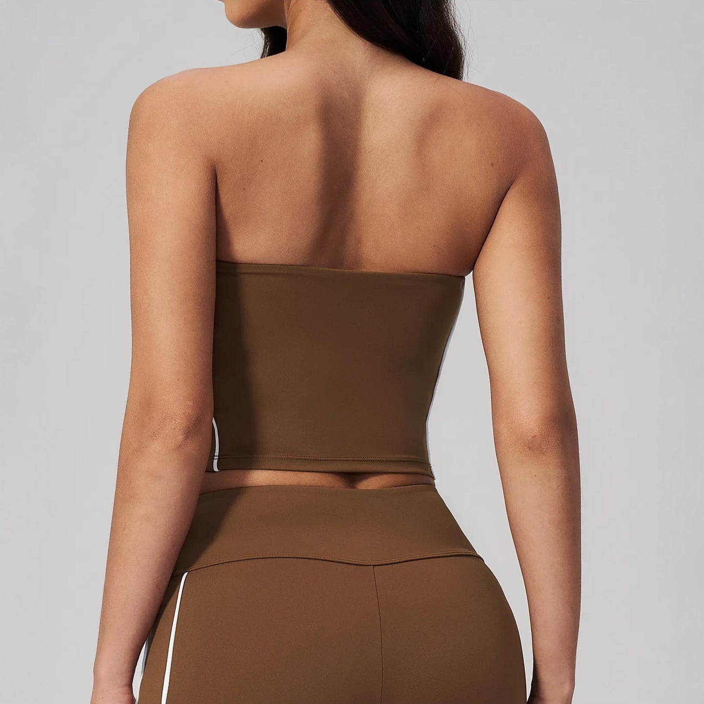 Contrast Strapless Bandeau Sports Bra - Chestnut Brown / Cream - chestnut brown cream back closeup