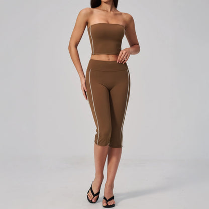 Contrast Strapless Bandeau Sports Bra - Chestnut Brown / Cream - chestnut brown cream capri styling