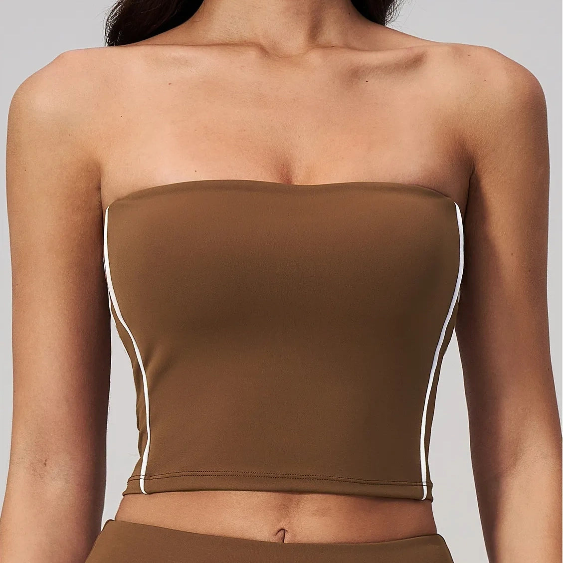 Contrast Strapless Bandeau Sports Bra - Chestnut Brown / Cream - chestnut brown cream front closeup