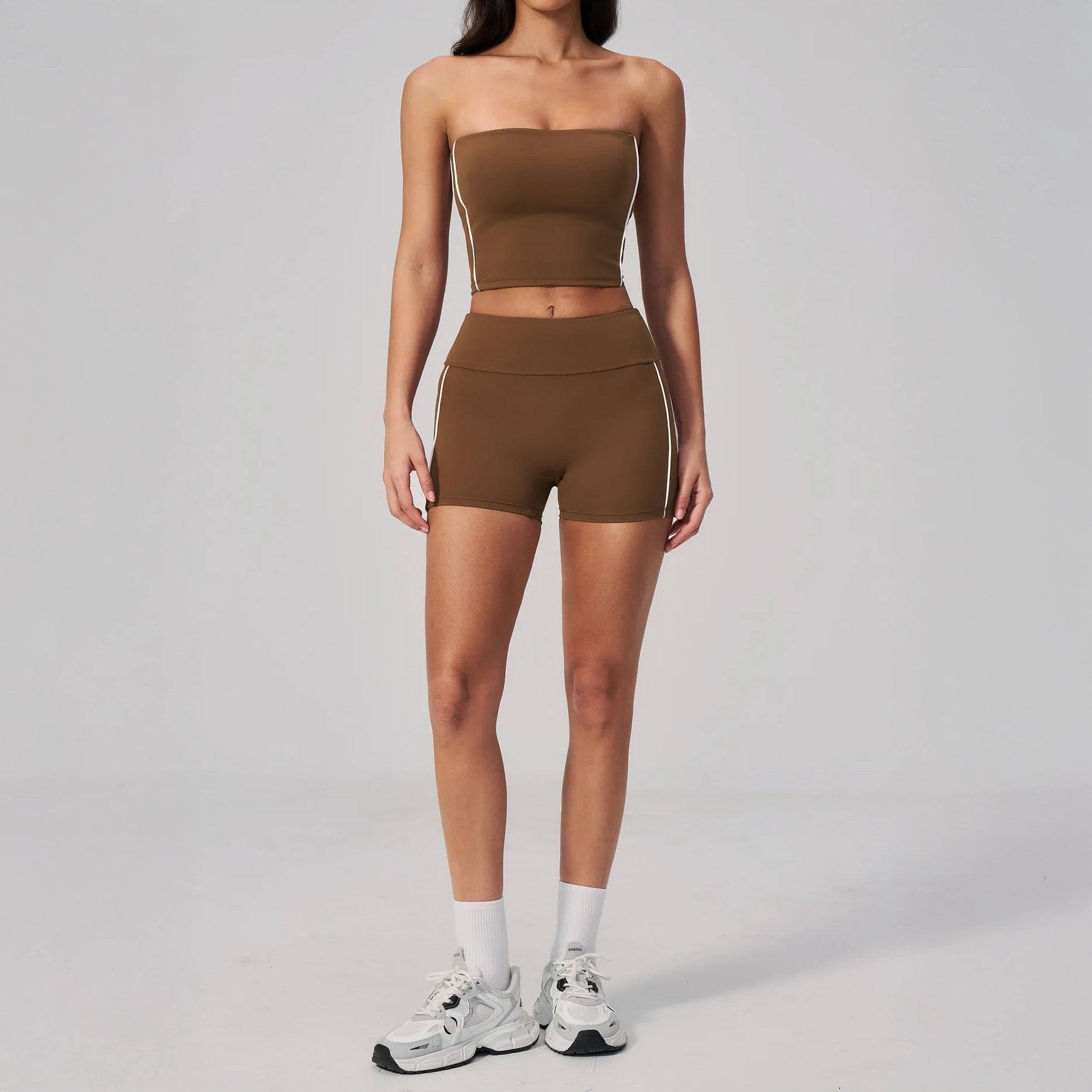 Contrast Strapless Bandeau Sports Bra - Chestnut Brown / Cream - chestnut brown cream shorts styling