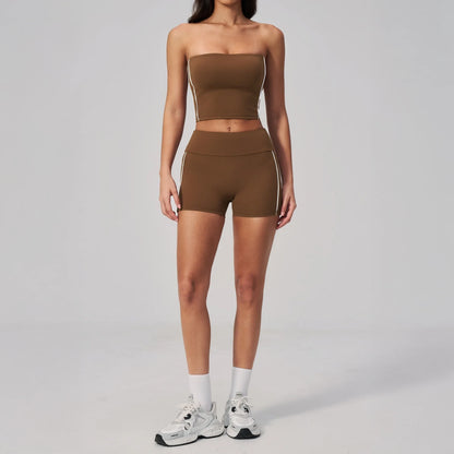 Contrast Strapless Bandeau Sports Bra - Chestnut Brown / Cream - chestnut brown cream shorts styling
