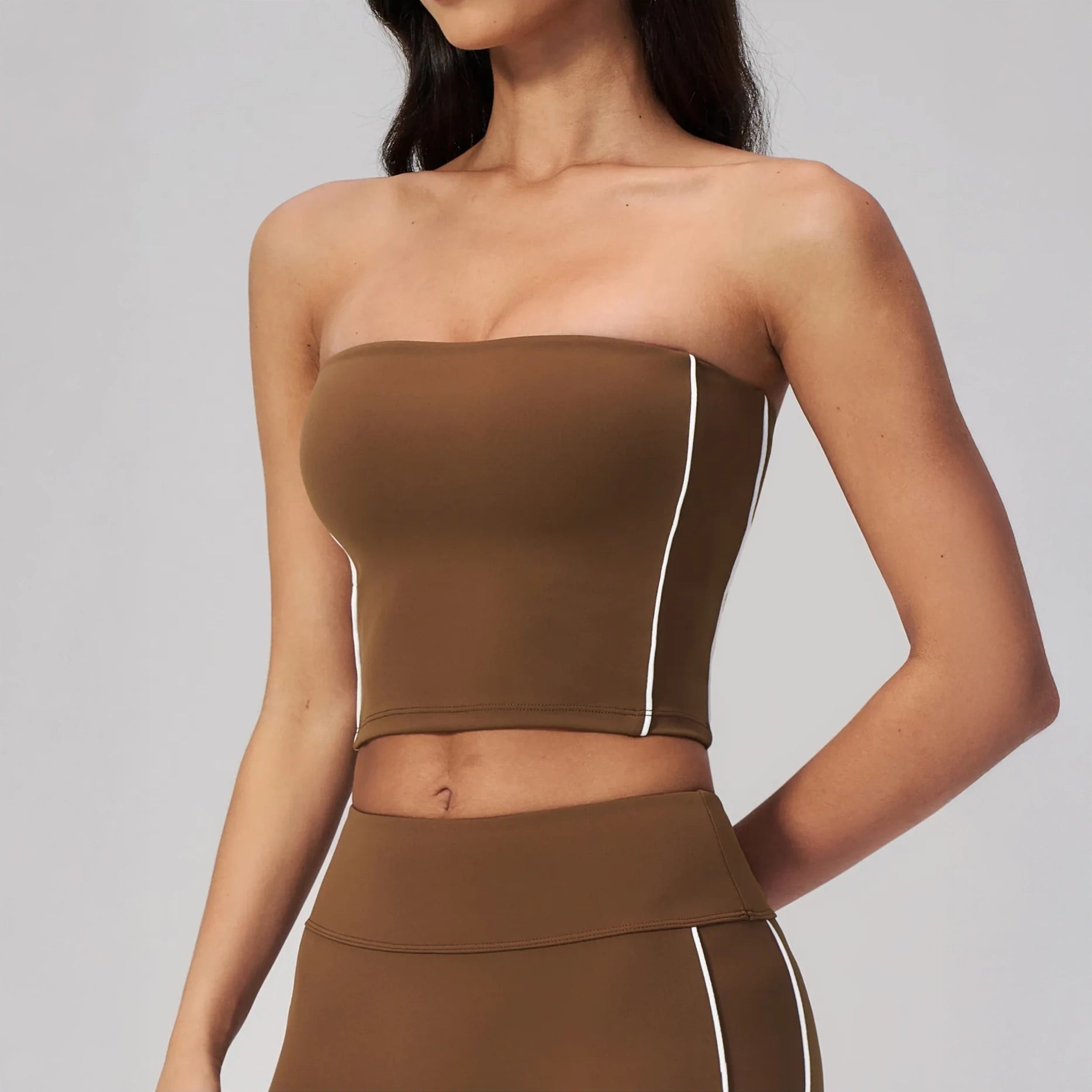 Contrast Strapless Bandeau Sports Bra - Chestnut Brown / Cream - chestnut brown cream side closeup