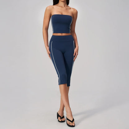 Contrast Strapless Bandeau Sports Bra - Navy Blue / White - navy blue white capri styling