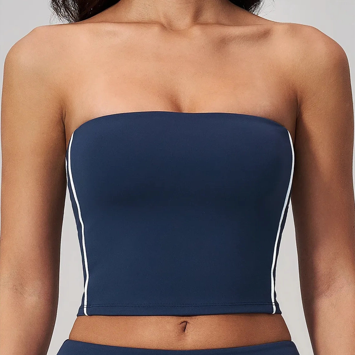 Contrast Strapless Bandeau Sports Bra - Navy Blue / White - navy blue white front closeup
