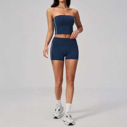 Contrast Strapless Bandeau Sports Bra - Navy Blue / White - navy blue white shorts styling