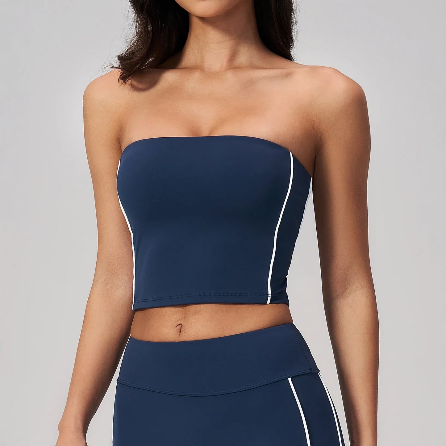 Contrast Strapless Bandeau Sports Bra - Navy Blue / White - navy blue white side closeup