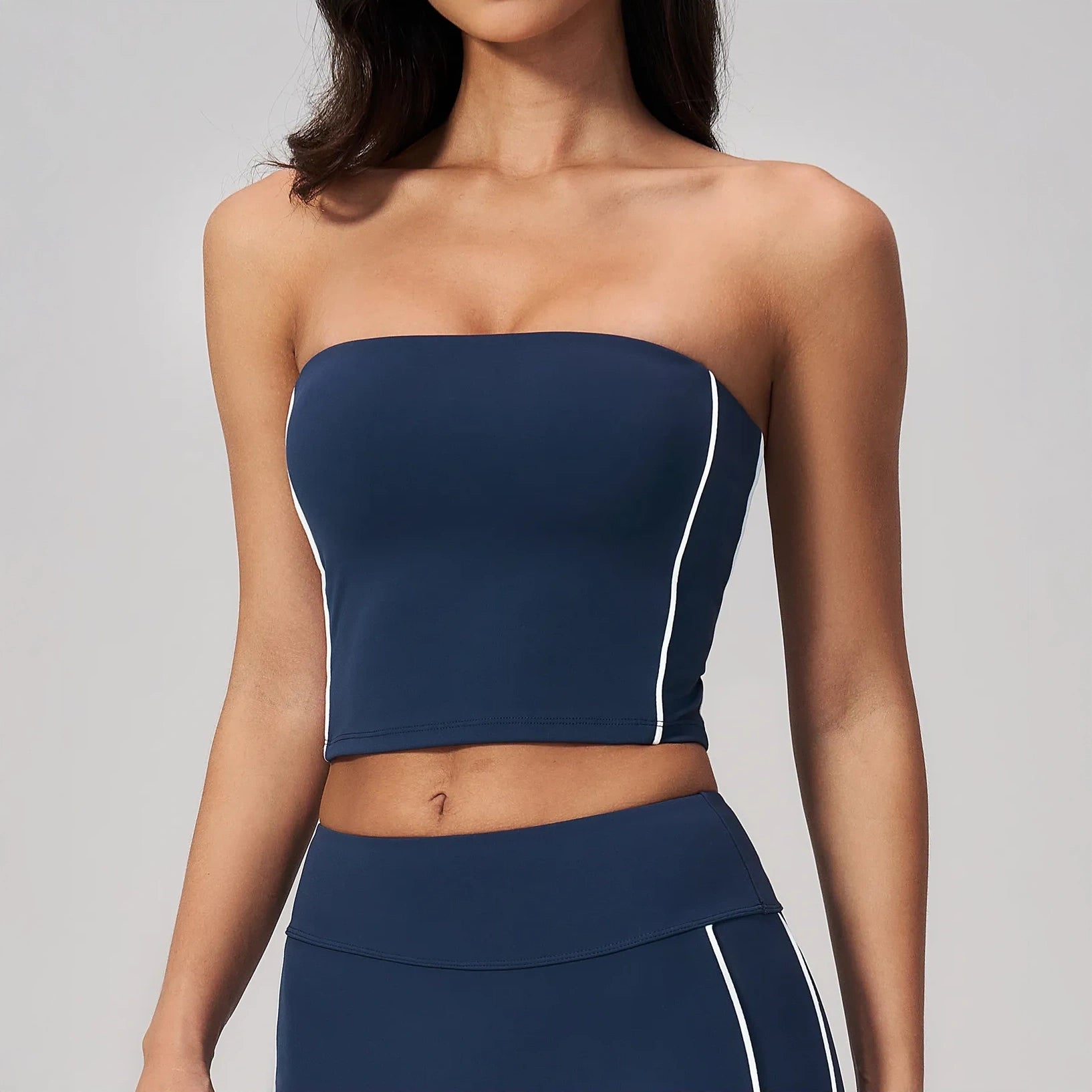 Contrast Strapless Bandeau Sports Bra - Navy Blue / White - navy blue white side closeup