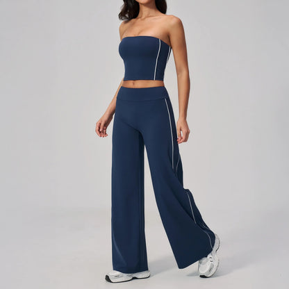 Contrast Strapless Bandeau Sports Bra - Navy Blue / White - navy blue white wide leg styling