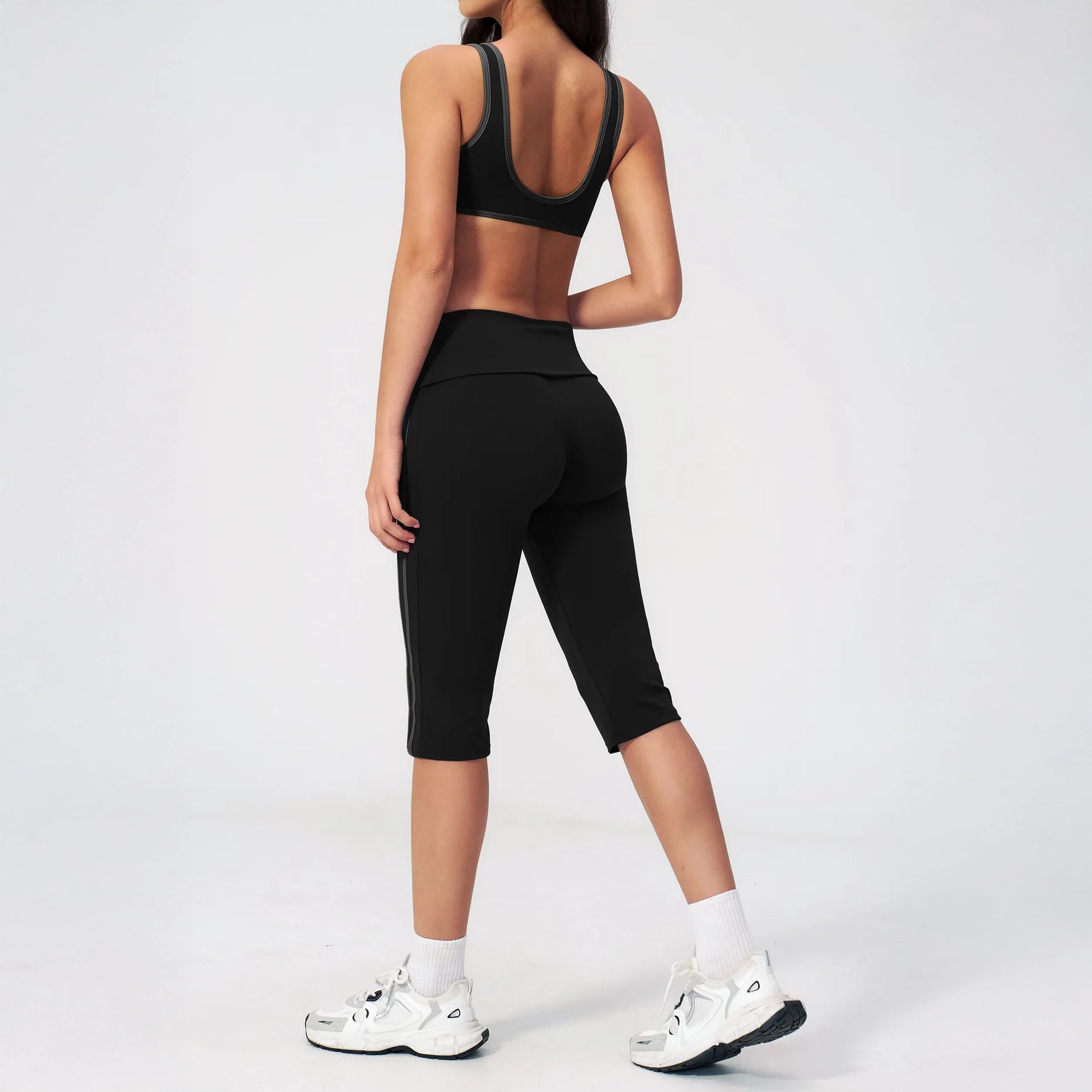 Contrast V-Neck Racerback Sports Bra - Black / Charcoal - black charcoal back styling