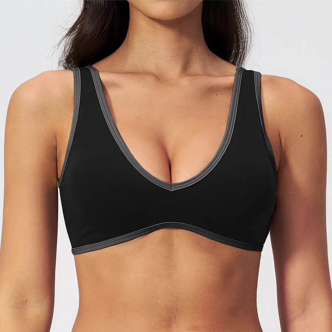Contrast V-Neck Racerback Sports Bra - Black / Charcoal - black charcoal front view