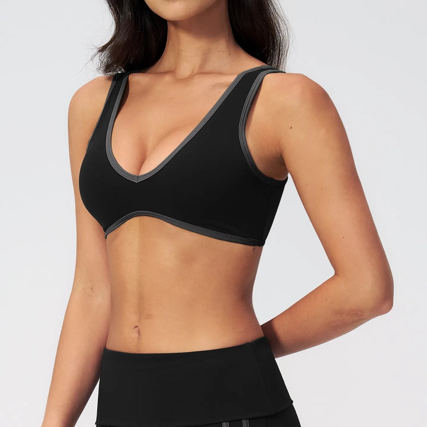 Contrast V-Neck Racerback Sports Bra - Black / Charcoal - black charcoal side view