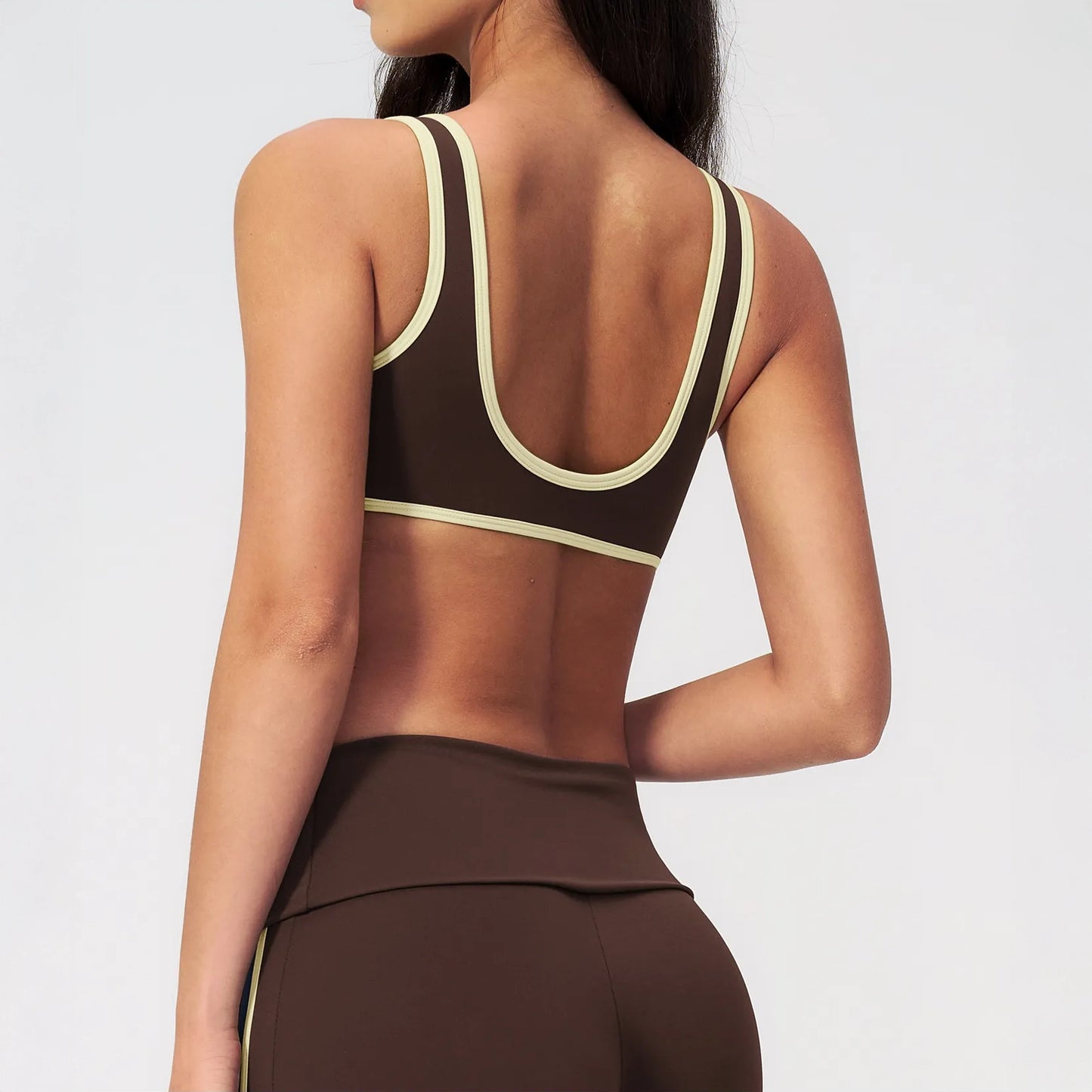 Contrast V-Neck Racerback Sports Bra - Coffee Brown / Cream - coffee brown cream back styling
