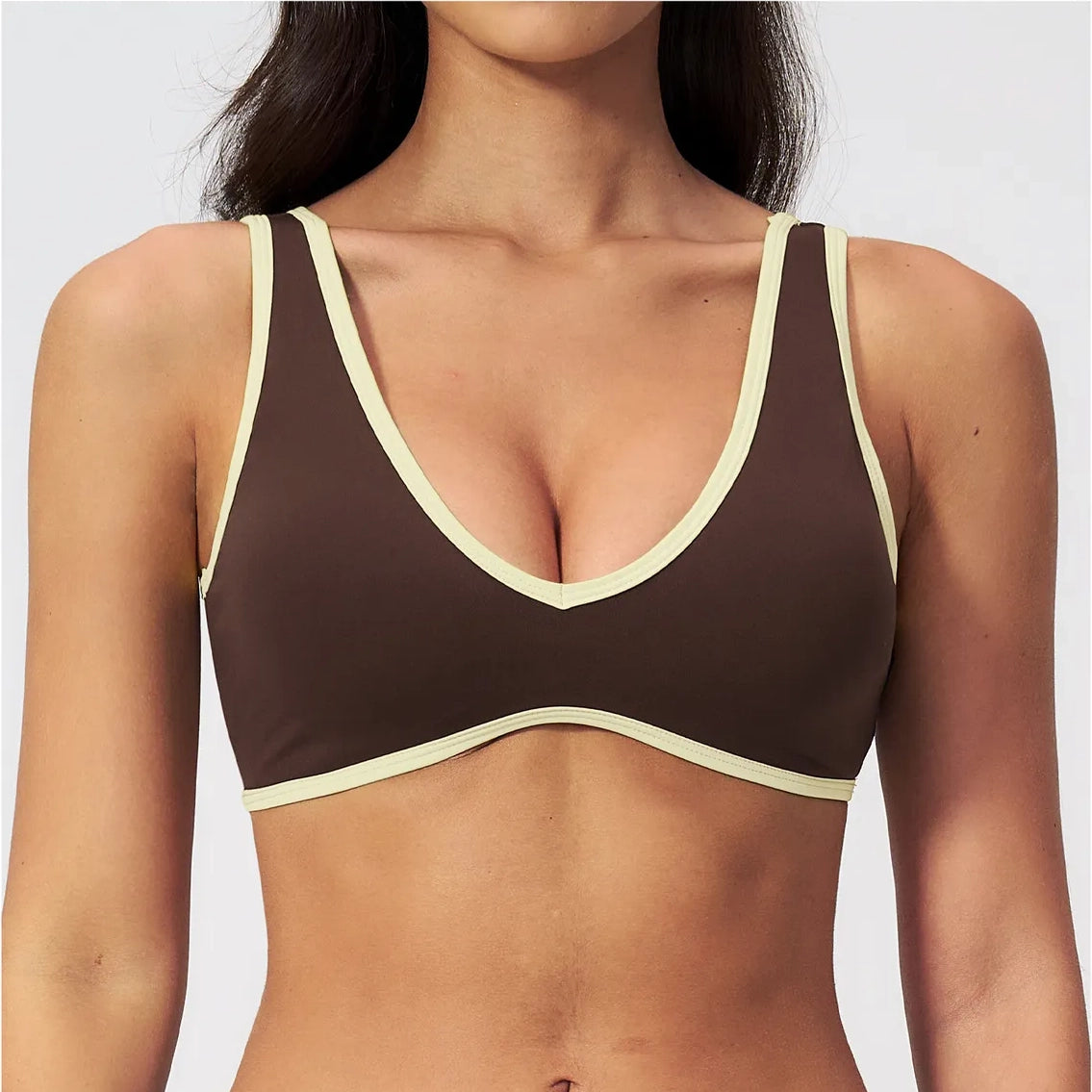 Contrast V-Neck Racerback Sports Bra - Coffee Brown / Cream - coffee brown cream front view