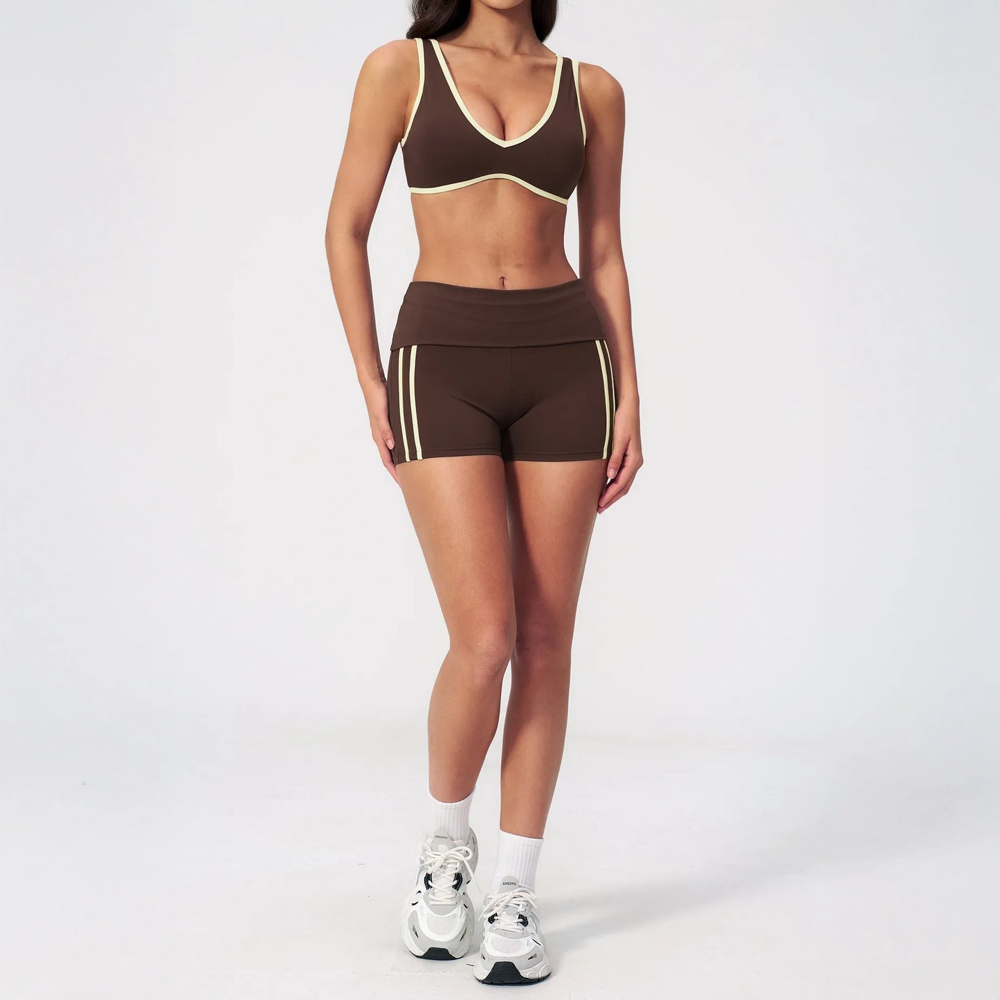 Contrast V-Neck Racerback Sports Bra - Coffee Brown / Cream - coffee brown cream full styling