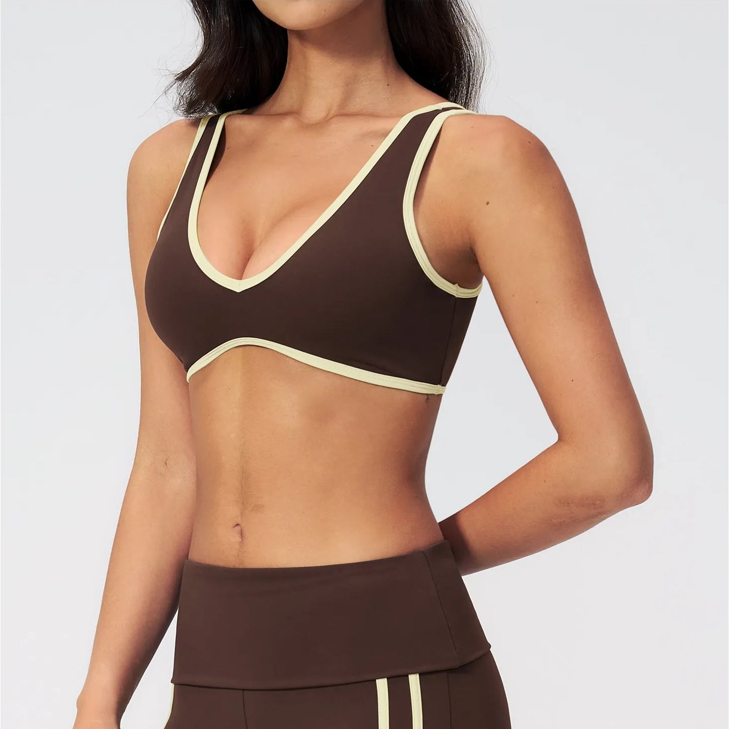 Contrast V-Neck Racerback Sports Bra - Coffee Brown / Cream - coffee brown cream side view