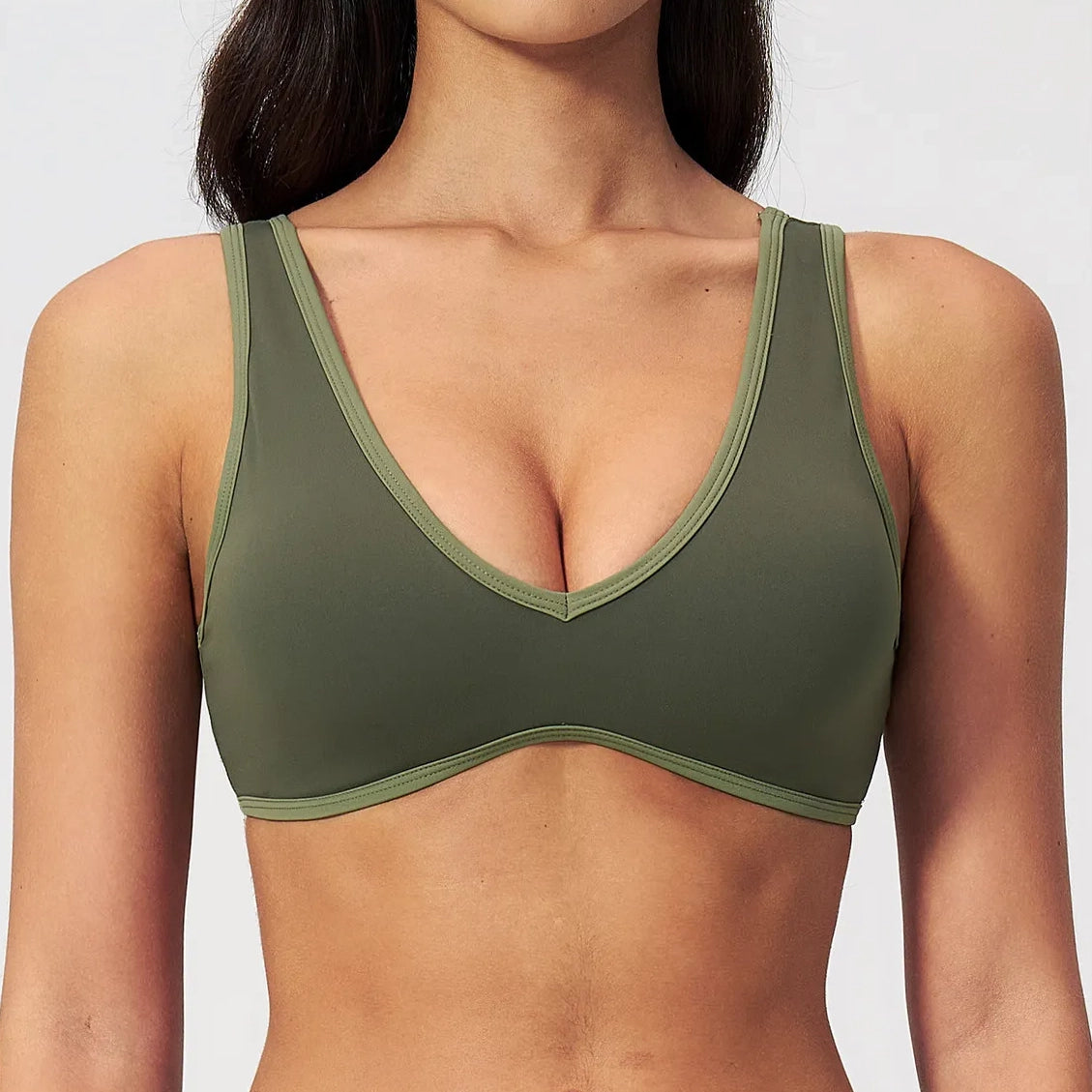 Contrast V-Neck Racerback Sports Bra - Moss Green / Light Green - moss green light green front view
