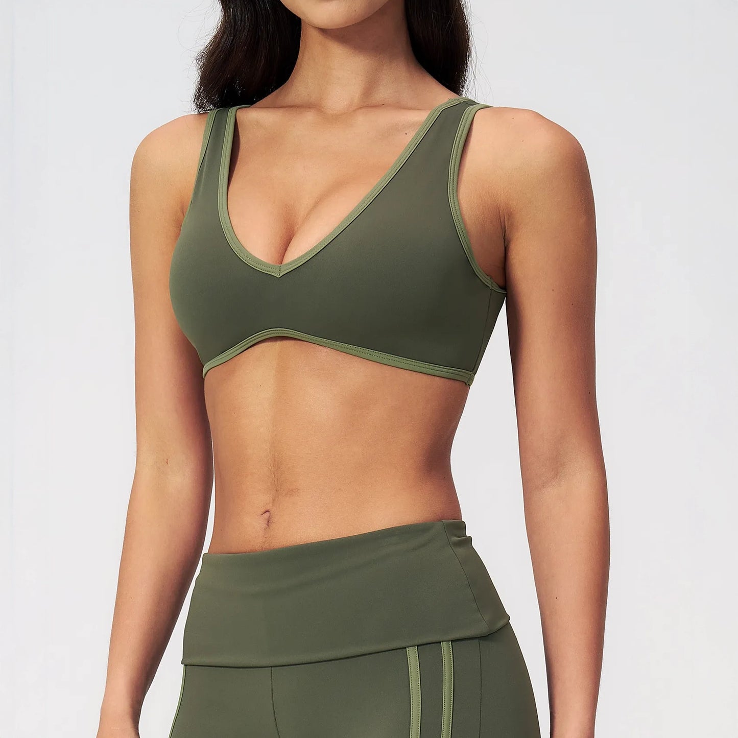 Contrast V-Neck Racerback Sports Bra - Moss Green / Light Green - moss green light green side view