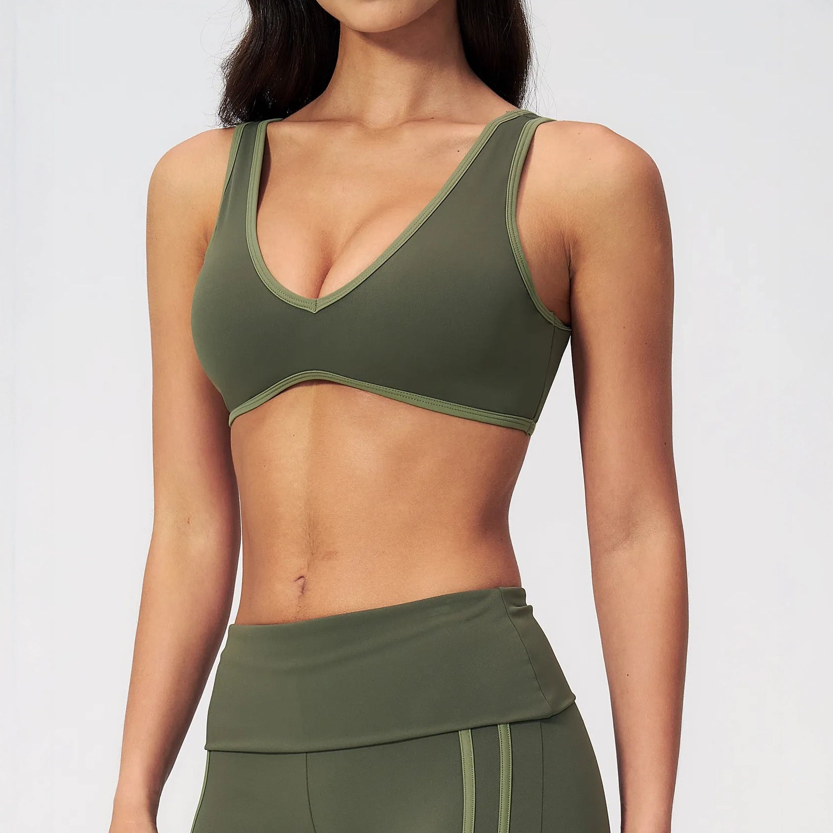 Contrast V-Neck Racerback Sports Bra - Moss Green / Light Green - moss green light green side view