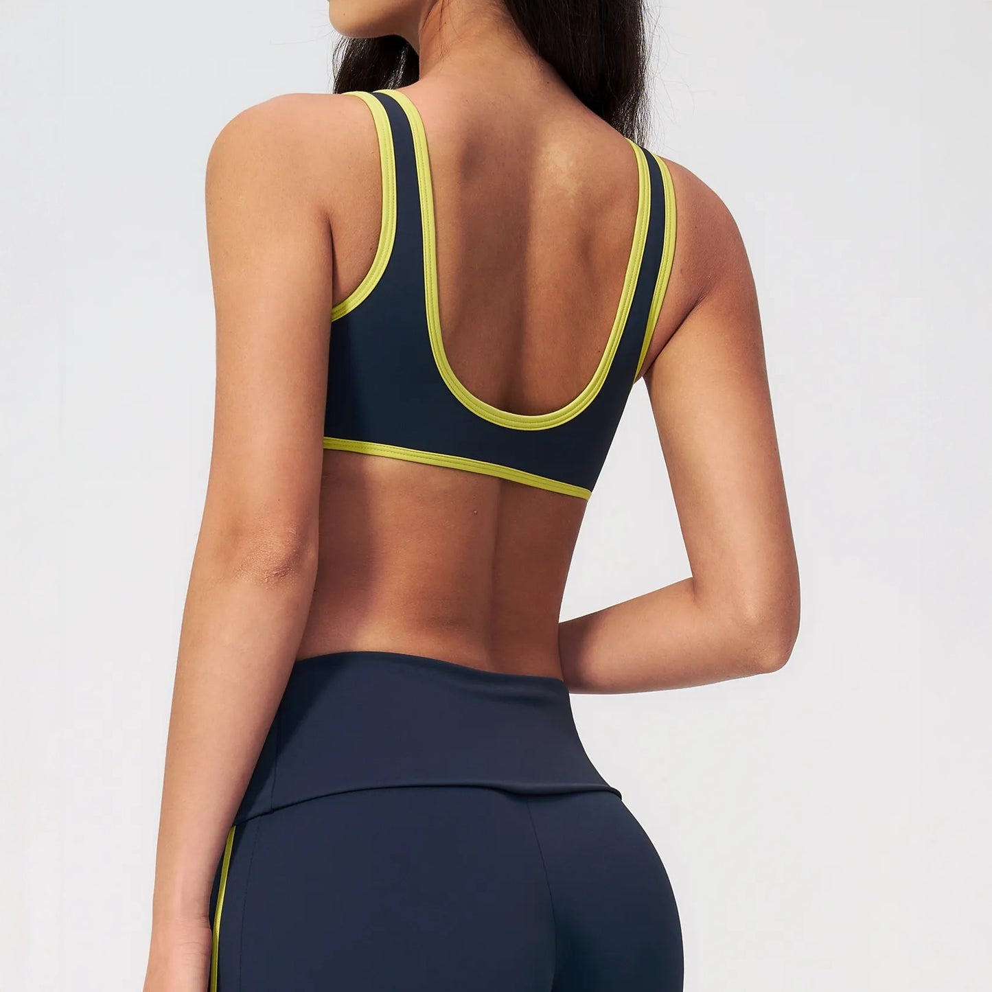 Contrast V-Neck Racerback Sports Bra - Navy Blue / Neon Yellow - navy blue neon yellow back styling