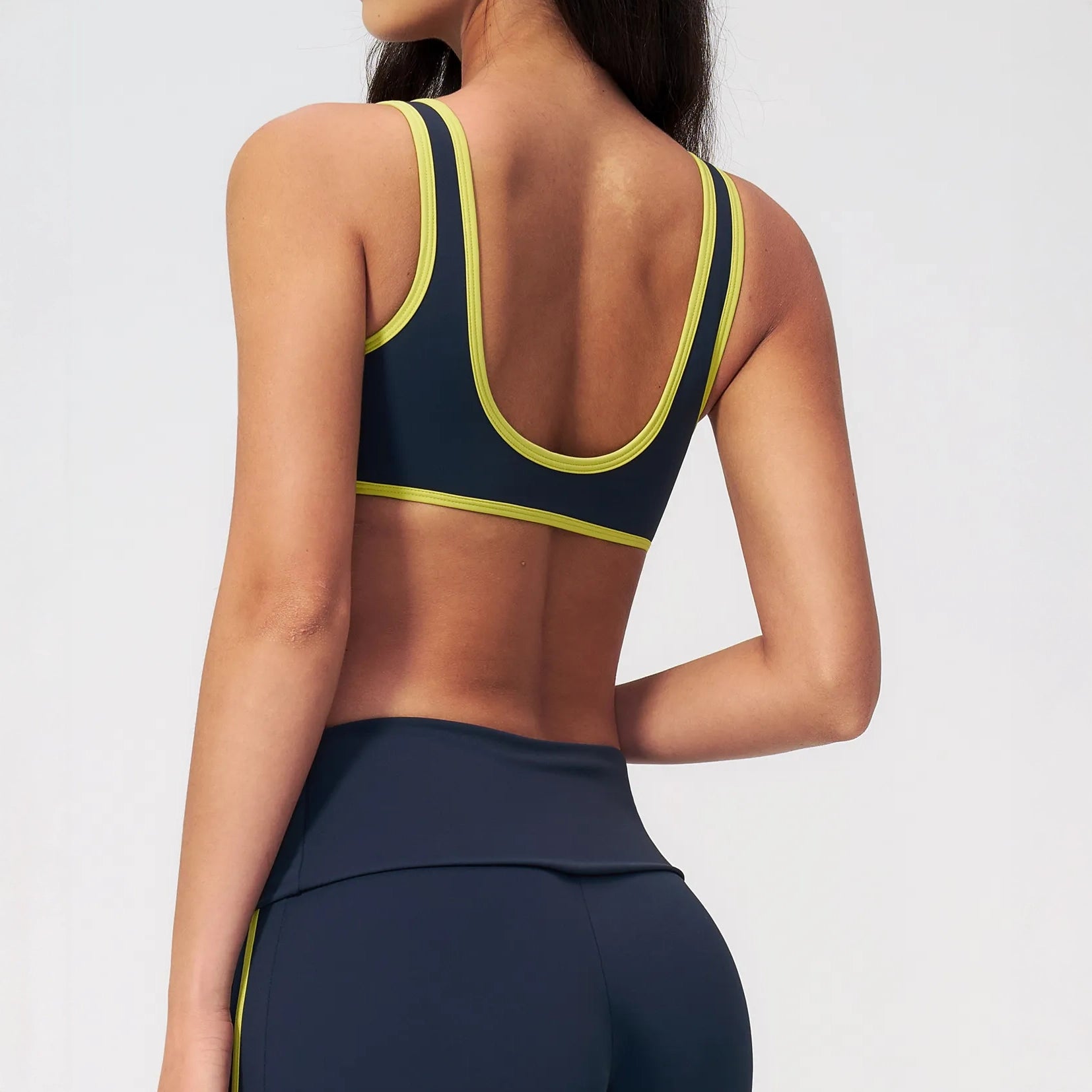 Contrast V-Neck Racerback Sports Bra - Navy Blue / Neon Yellow - navy blue neon yellow back styling