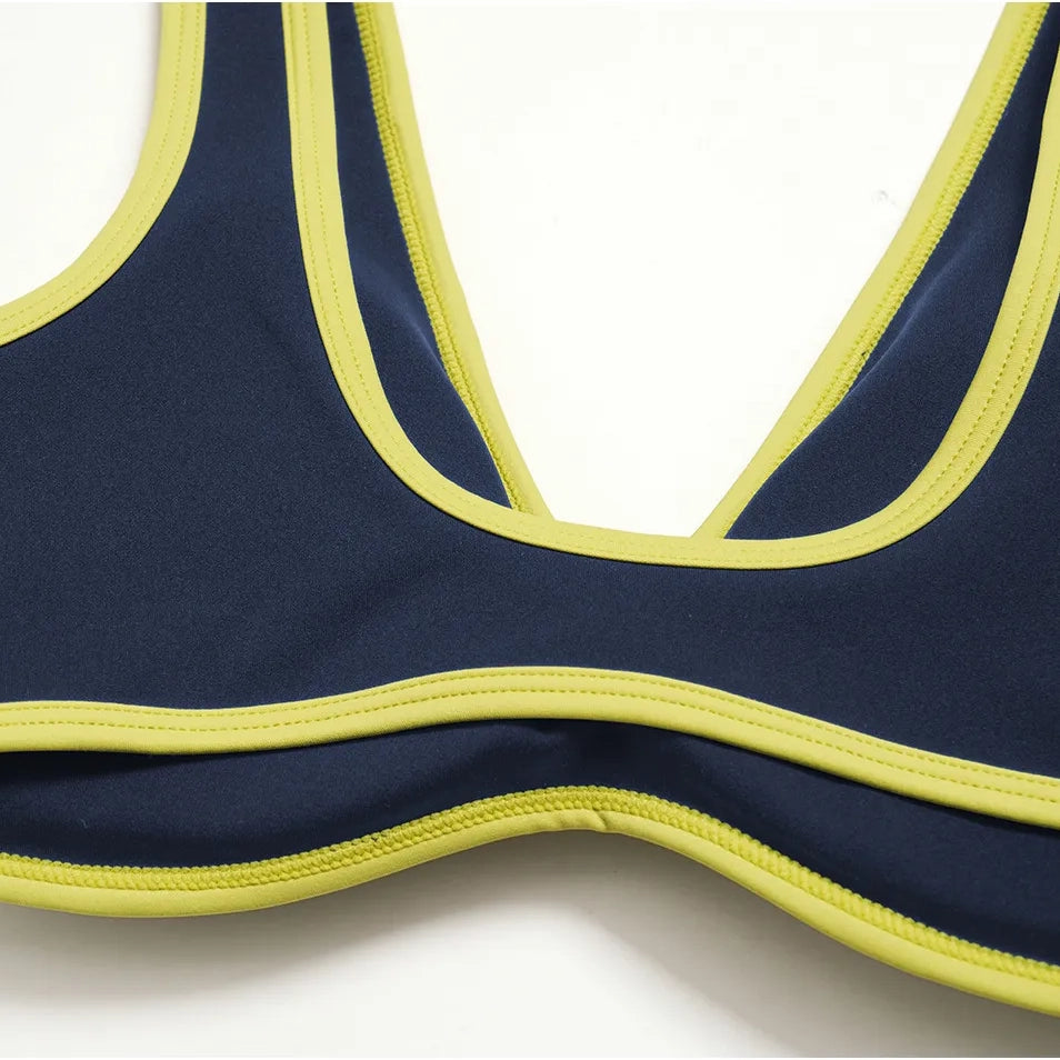 Contrast V-Neck Racerback Sports Bra - Navy Blue / Neon Yellow - navy blue neon yellow contrast v neck detail