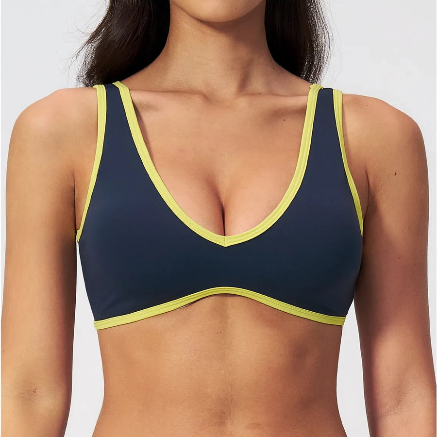 Contrast V-Neck Racerback Sports Bra - Navy Blue