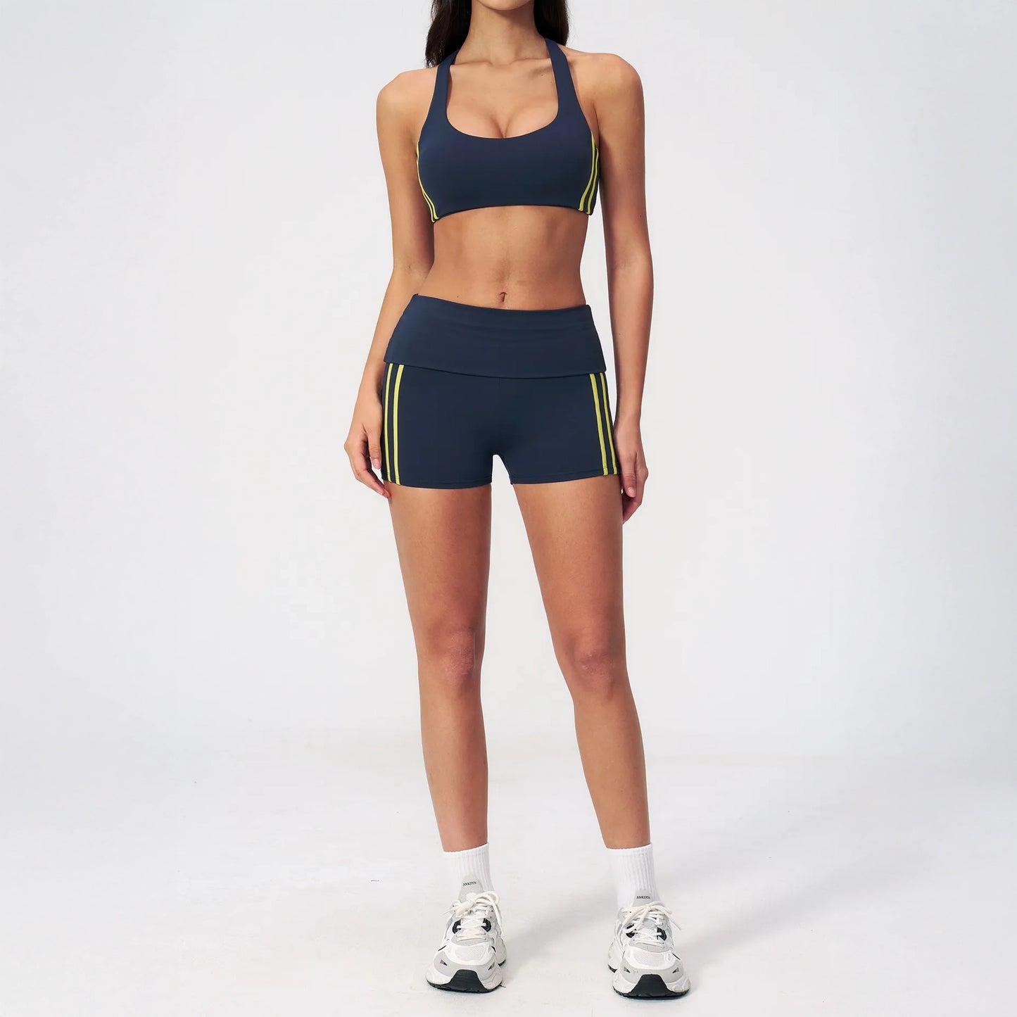 Contrast V-Neck Racerback Sports Bra - Navy Blue / Neon Yellow - navy blue neon yellow full styling