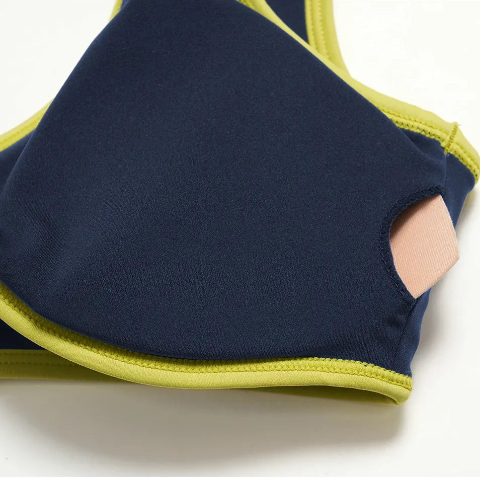 Contrast V-Neck Racerback Sports Bra - Navy Blue / Neon Yellow - navy blue neon yellow removable pad detail