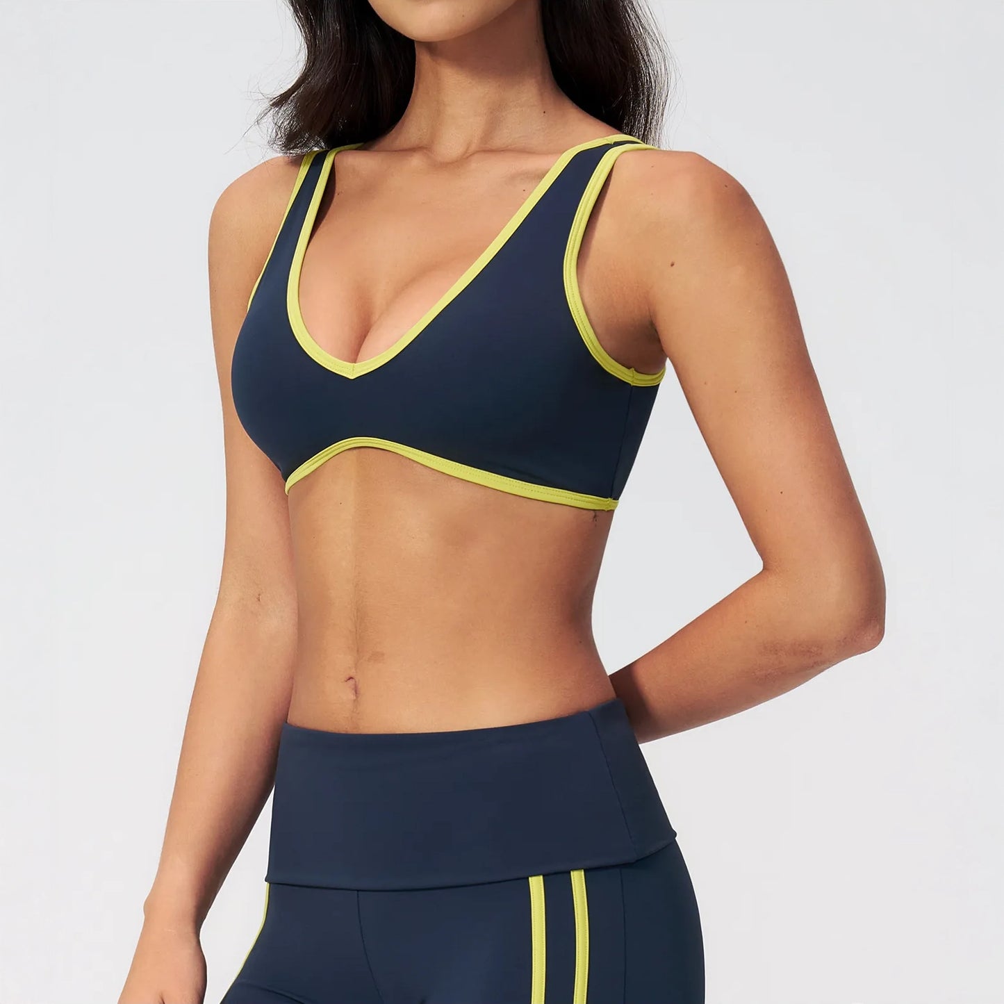 Contrast V-Neck Racerback Sports Bra - Navy Blue / Neon Yellow - navy blue neon yellow side view