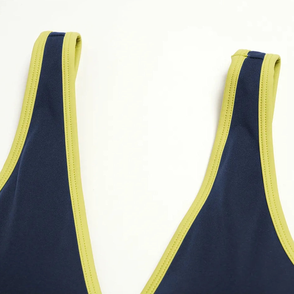 Contrast V-Neck Racerback Sports Bra - Navy Blue / Neon Yellow - navy blue neon yellow strap binding detail