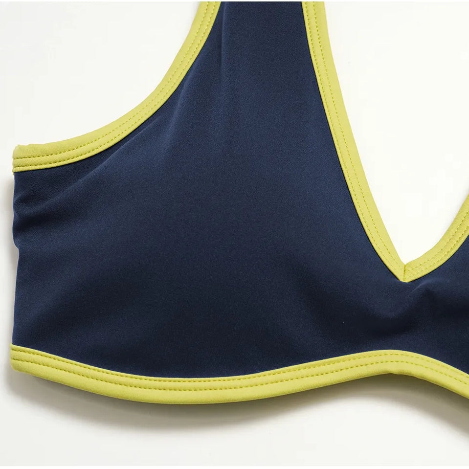 Contrast V-Neck Racerback Sports Bra - Navy Blue / Neon Yellow - navy blue neon yellow underbust binding detail