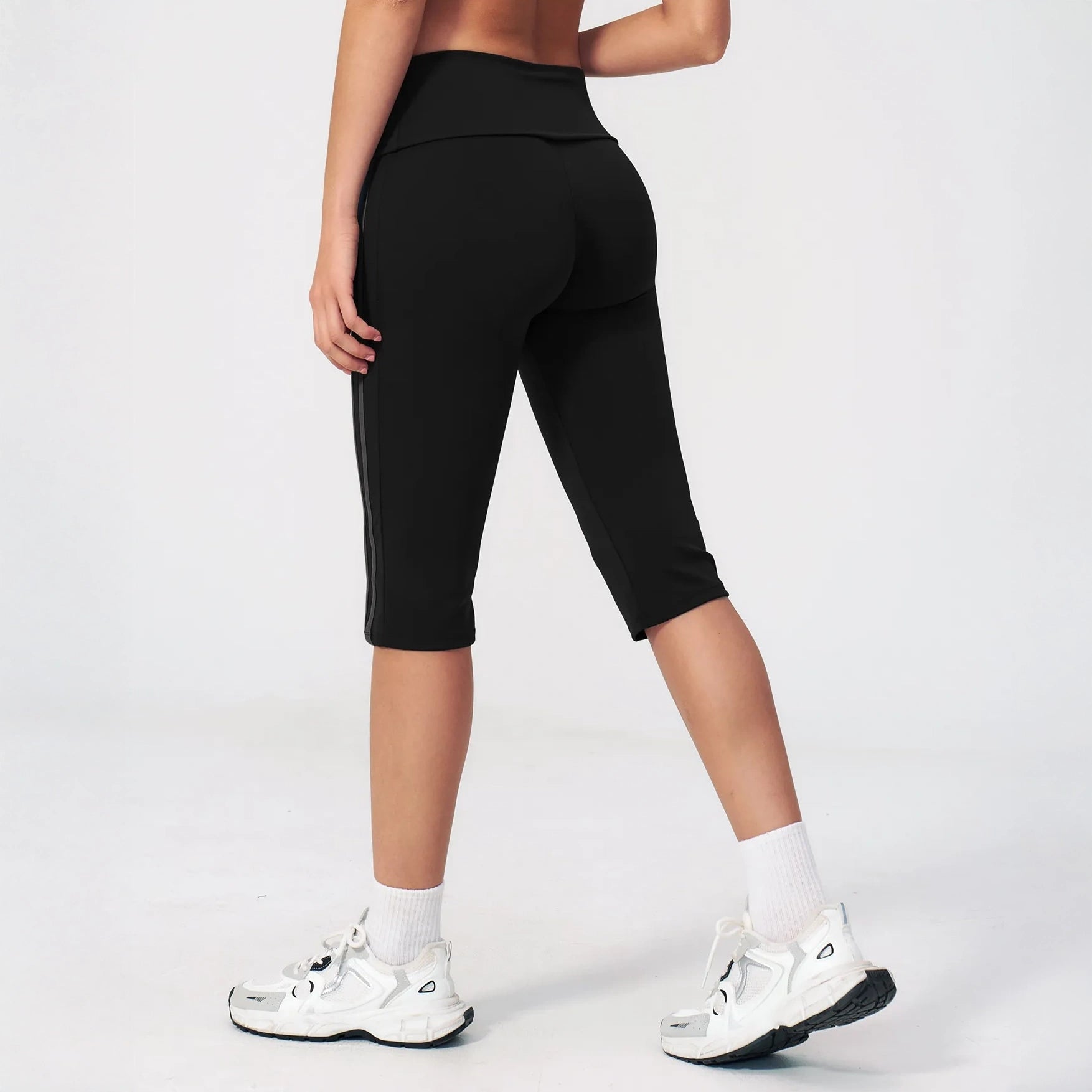 Foldover Waist Capri Yoga Leggings - Black / Charcoal - black charcoal back view