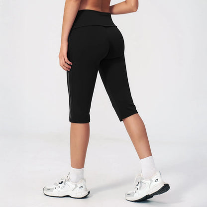 Foldover Waist Capri Yoga Leggings - Black / Charcoal - black charcoal back view