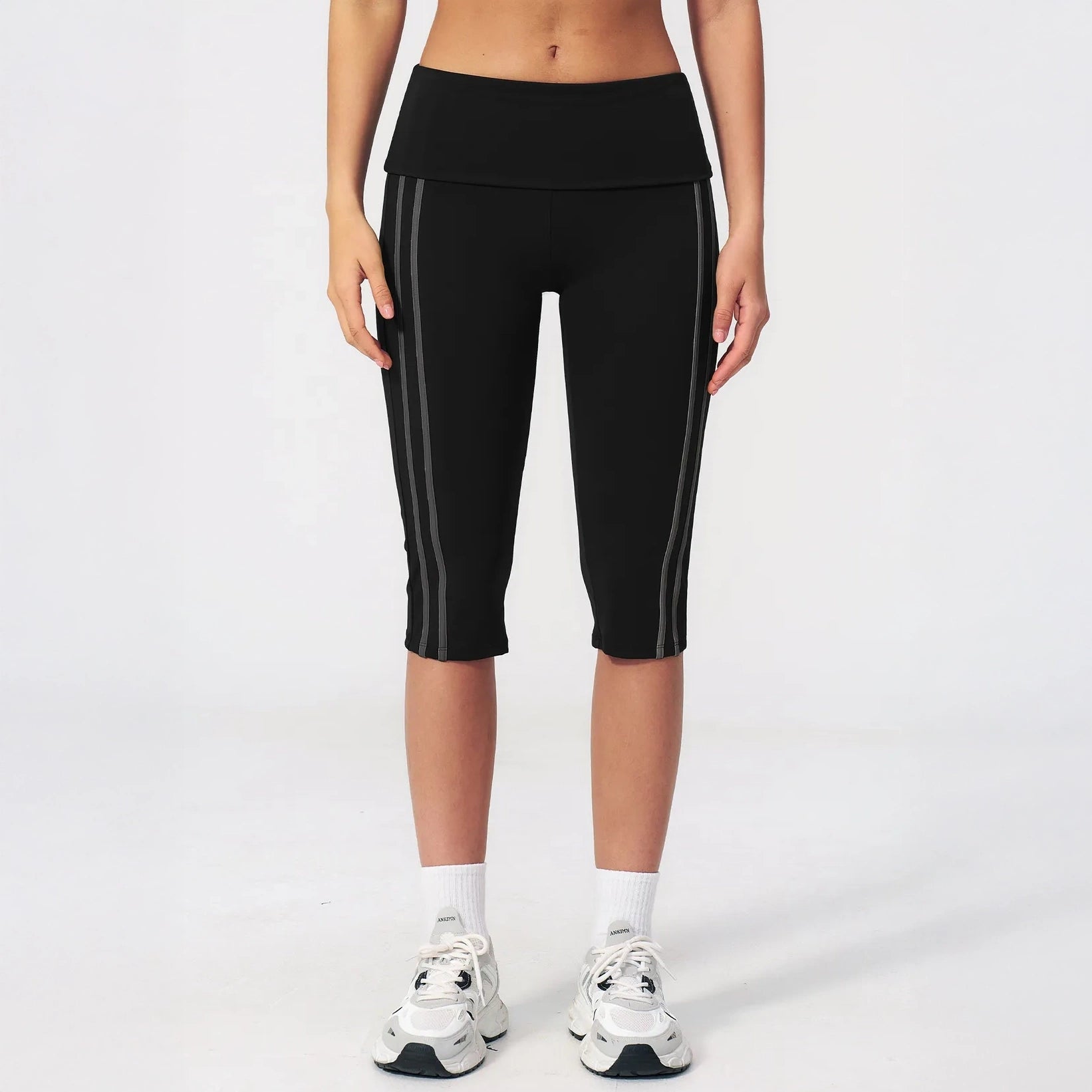 Foldover Waist Capri Yoga Leggings - Black / Charcoal - black charcoal front view