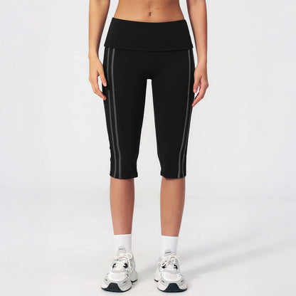 Foldover Waist Capri Yoga Leggings - Black / Charcoal - black charcoal front view