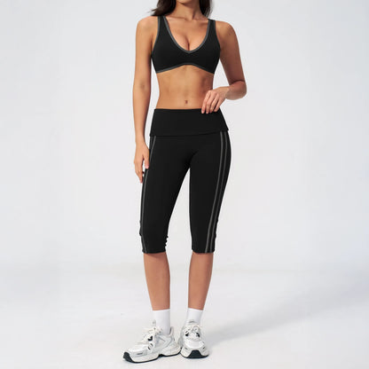 Foldover Waist Capri Yoga Leggings - Black / Charcoal - black charcoal full styling