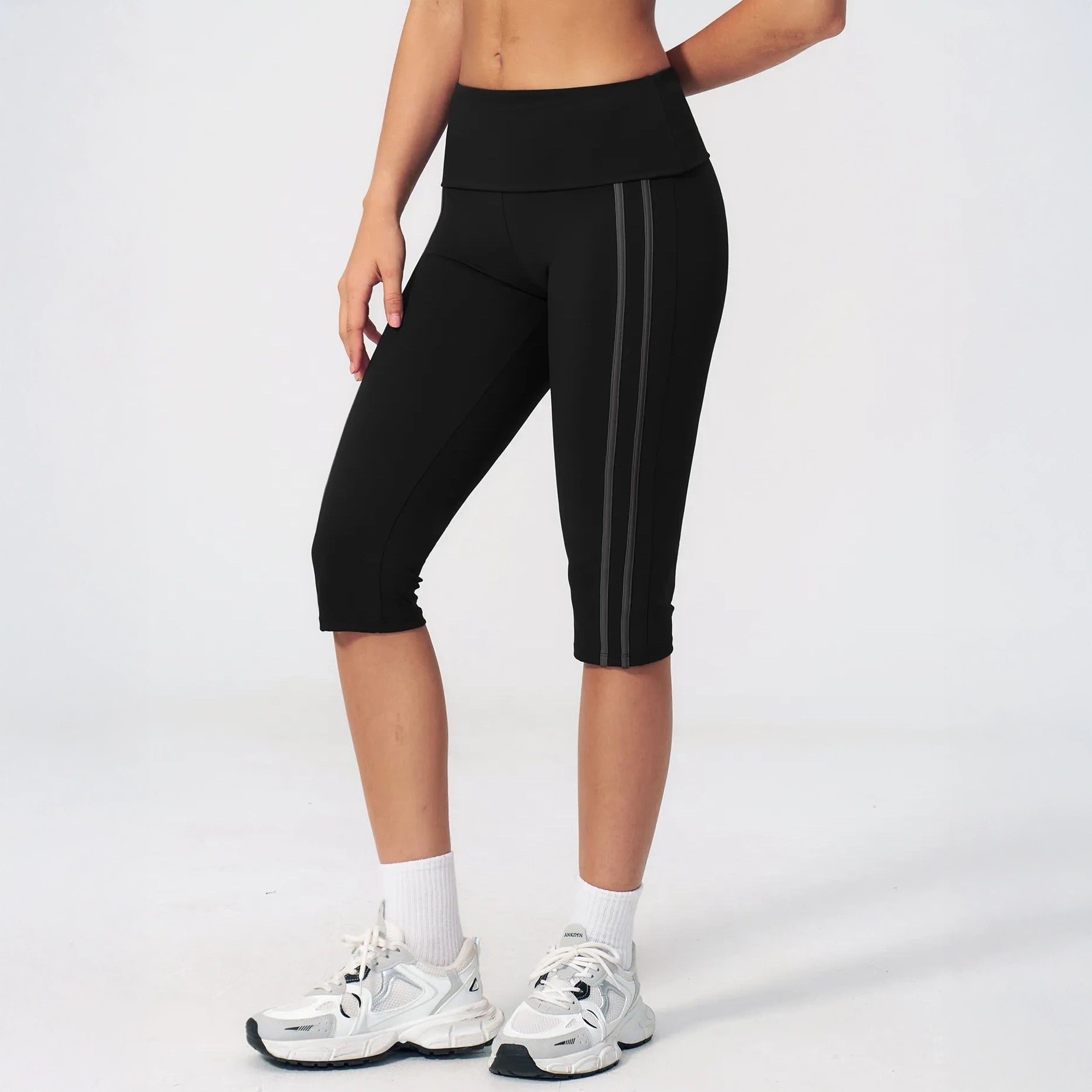 Foldover Waist Capri Yoga Leggings - Black / Charcoal - black charcoal side view