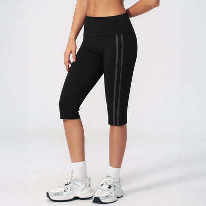 Foldover Waist Capri Yoga Leggings - Black / Charcoal - black charcoal side view
