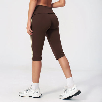 Foldover Waist Capri Yoga Leggings - Coffee Brown / Cream - coffee brown cream back view
