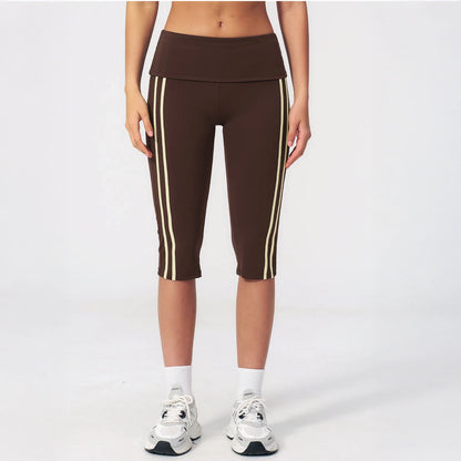 Foldover Waist Capri Yoga Leggings - Coffee Brown / Cream - coffee brown cream front view