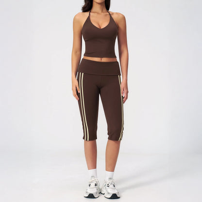 Foldover Waist Capri Yoga Leggings - Coffee Brown / Cream - coffee brown cream full styling