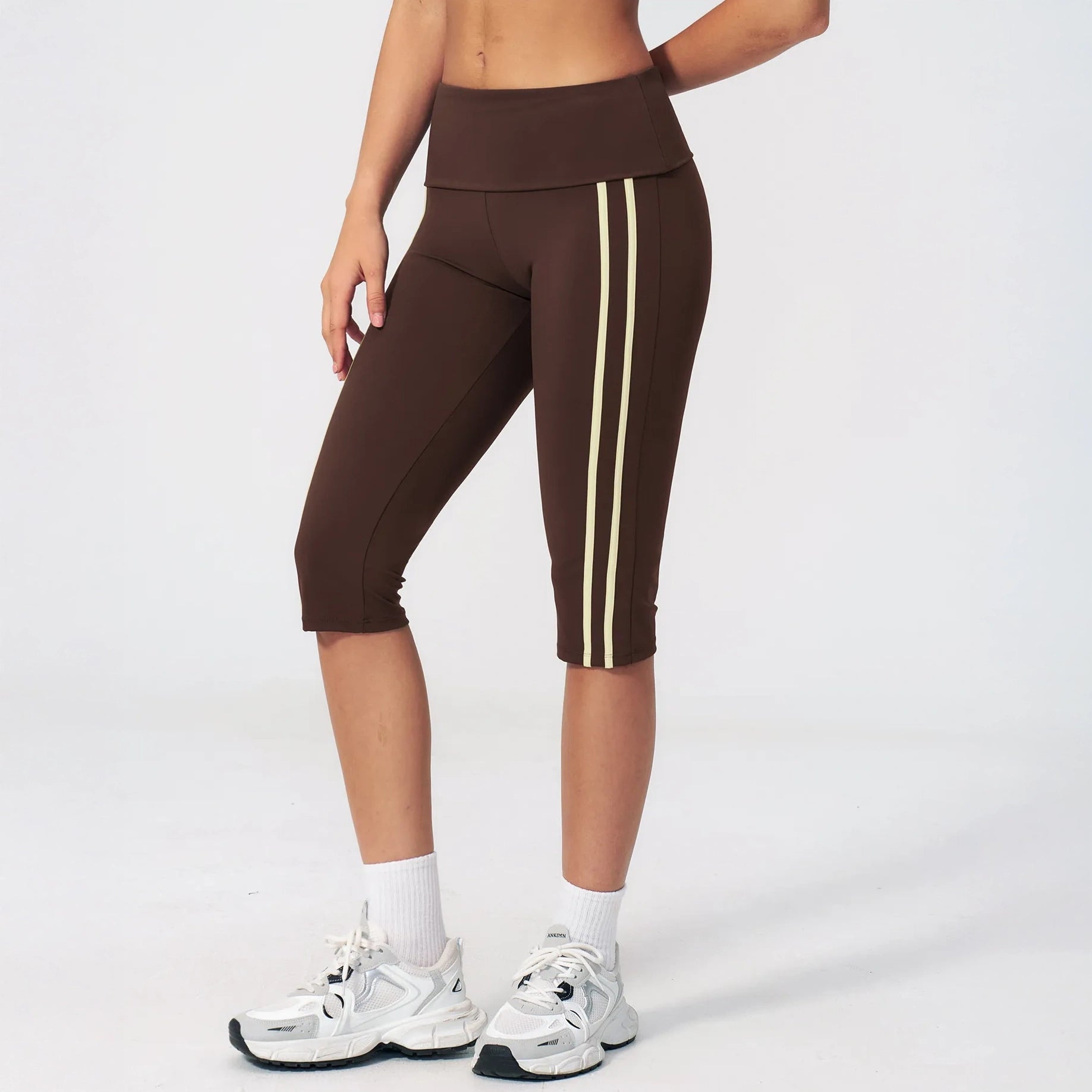 Foldover Waist Capri Yoga Leggings - Coffee Brown / Cream - coffee brown cream side view