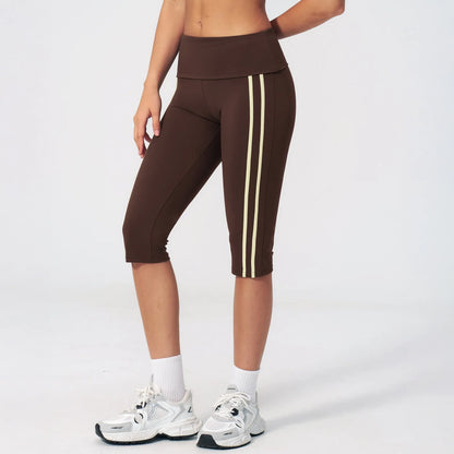 Foldover Waist Capri Yoga Leggings - Coffee Brown / Cream - coffee brown cream side view