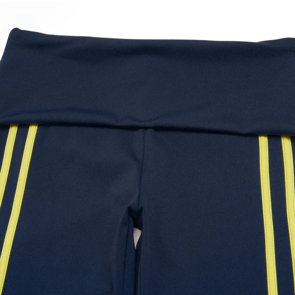 Foldover Waist Capri Yoga Leggings - Navy Blue / Neon Yellow - foldover front rise detail