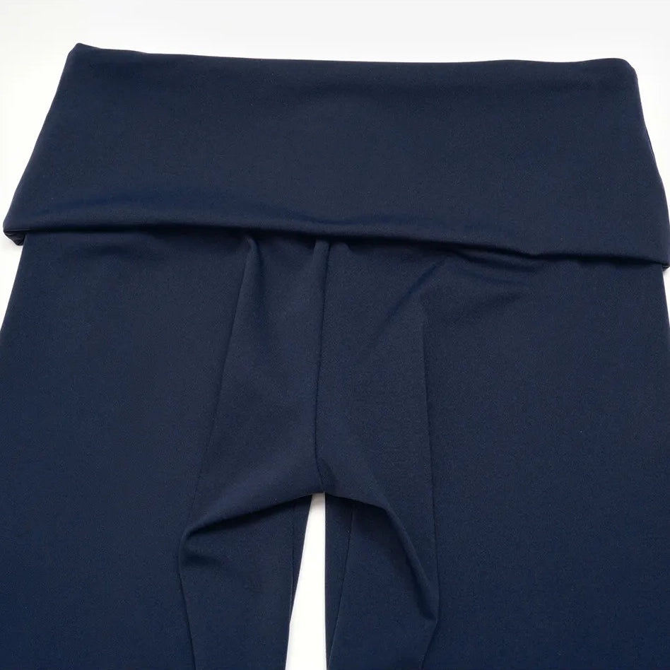 Foldover Waist Capri Yoga Leggings - Navy Blue / Neon Yellow - foldover waist detail