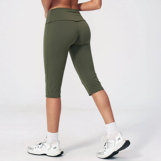 Foldover Waist Capri Yoga Leggings - Moss Green / Light Green - moss green light green back view