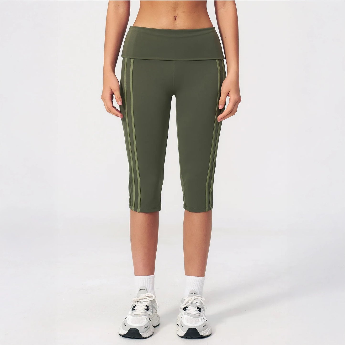 Foldover Waist Capri Yoga Leggings - Moss Green / Light Green - moss green light green front view